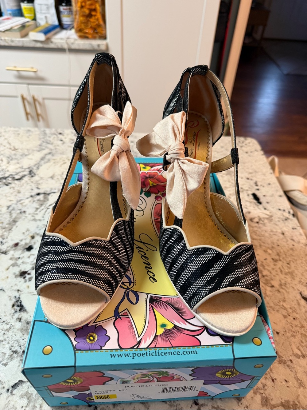 Poetic License Black-and-Cream Striped Peep-Toe Heels with Bow Accent